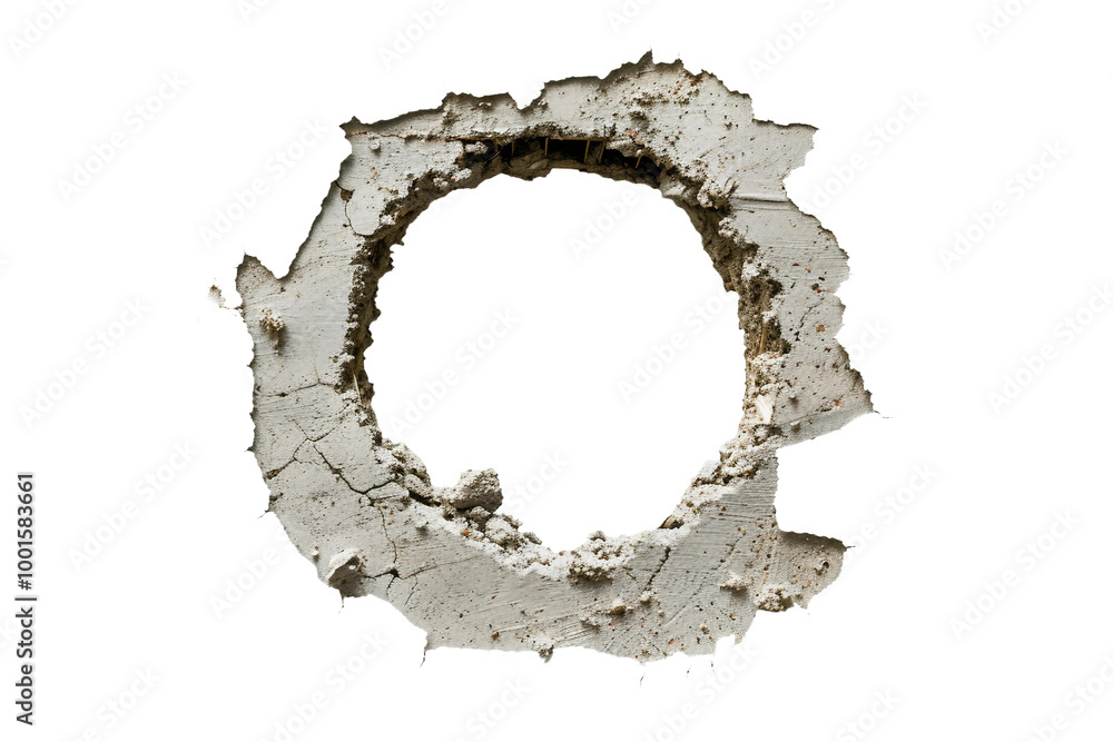 Damaged Area with Small Round Hole in Wall Isolated on Transparent Background Damaged Area with Small Round Hole in Wall Isolated on Transparent Background