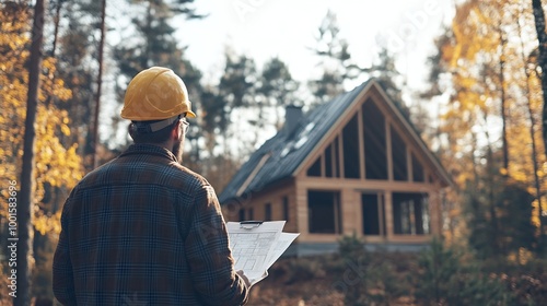 Worker building wooden twostory house near the forest Man in work clothes and hard hat reviewing the construction plan The aim is to implement modern environmentallyfriendly constructi : Generative AI