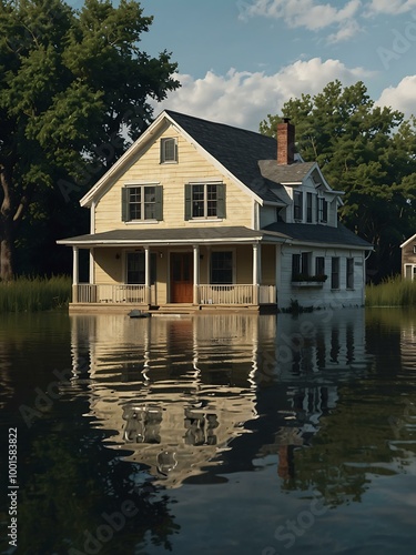 Flood insurance illustration with a house protected from rising waters.