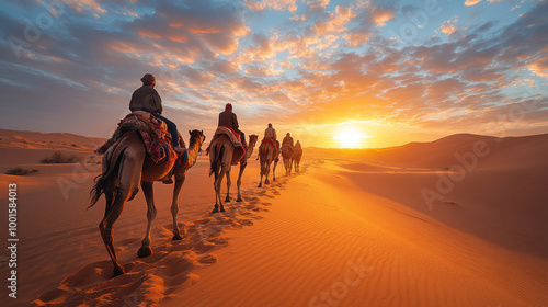 Camel caravan silhouetted against a fiery sunset in the desert.