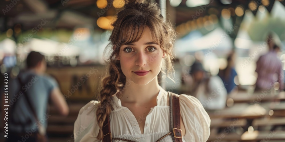 A woman wearing a white shirt and brown suspenders, a unique and interesting combination A woman wearing a white shirt and brown suspenders, a unique and interesting combination