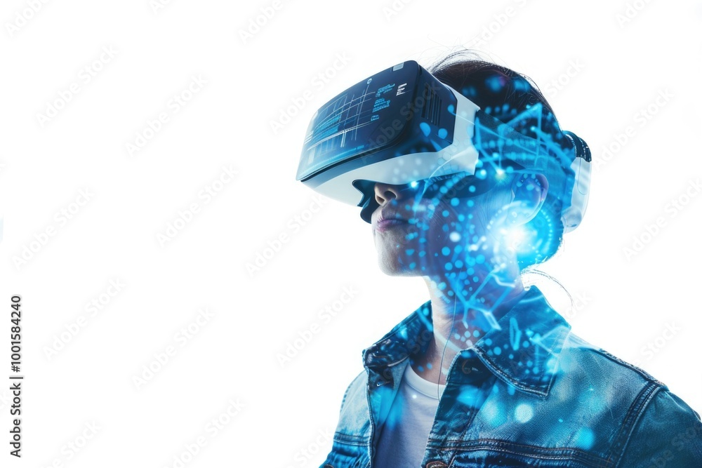 A woman sitting with a virtual reality headset on her head, surrounded by futuristic technology A woman sitting with a virtual reality headset on her head, surrounded by futuristic technology