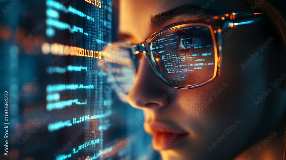 Software data hologram and woman with code analytics information technology and gdpr overlay Programmer coding or IT person in glasses reading html script programming and cyber securit : Generative AI Software data hologram and woman with code analytics information technology and gdpr overlay Programmer coding or IT person in glasses reading html script programming and cyber securit : Generative AI