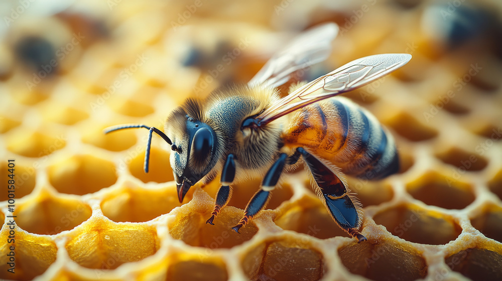 A close-up of a bee on a honeycomb.