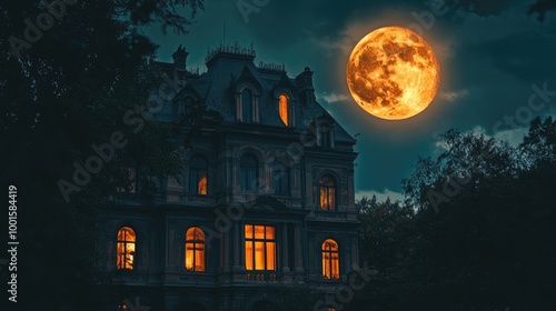 Eerie full moon casting shadows over an old, spooky mansion on Halloween night. Horror background