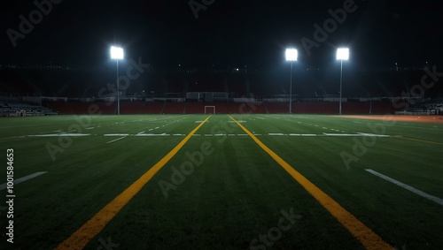 Football field illuminated at night.