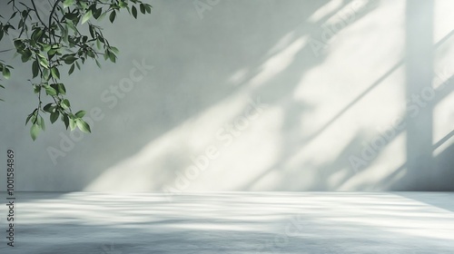 Background White Wall Studio with  Shadow Leaves light Cement floor Surface Texture BackgroundEmpty Kitchen Room with Podium DisplayTop Shelf BarBackdrop Concrete backgroundCosmetic Pr : Generative AI photo