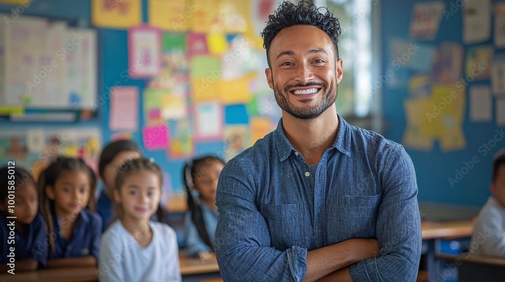 joyful classroom with a happy male educator teaching diverse elementary students, promoting engagement, inclusivity, and positive development in primary education joyful classroom with a happy male educator teaching diverse elementary students, promoting engagement, inclusivity, and positive development in primary education