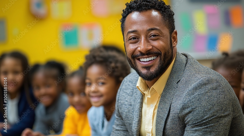 joyful classroom with a happy male educator teaching diverse elementary students, promoting engagement, inclusivity, and positive development in primary education joyful classroom with a happy male educator teaching diverse elementary students, promoting engagement, inclusivity, and positive development in primary education