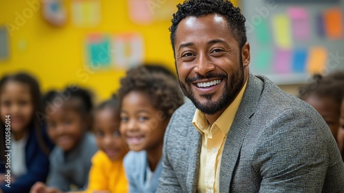 joyful classroom with a happy male educator teaching diverse elementary students, promoting engagement, inclusivity, and positive development in primary education