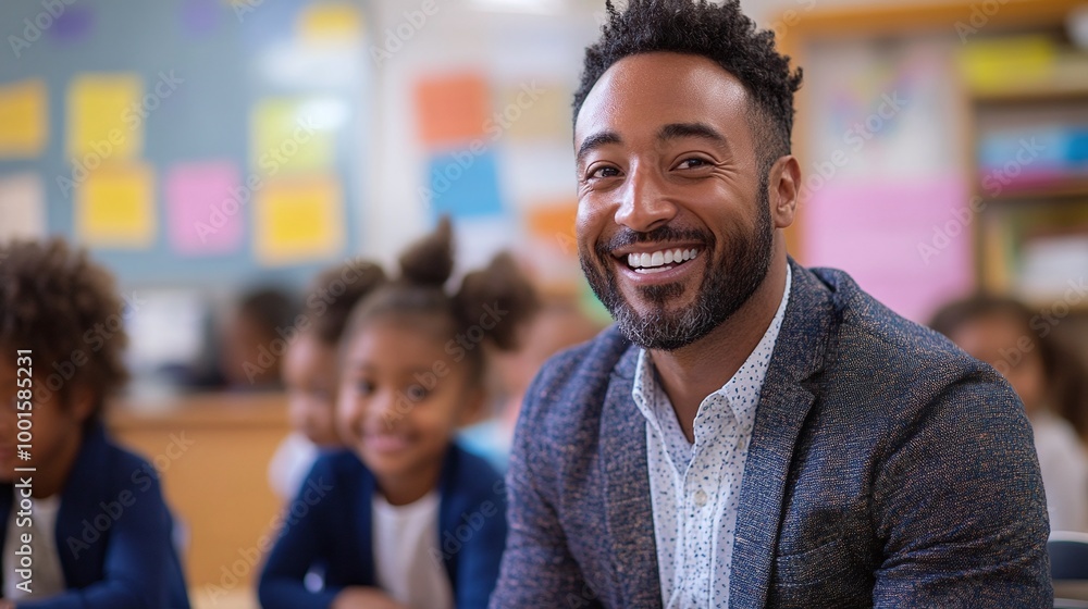 joyful classroom with a happy male educator teaching diverse elementary students, promoting engagement, inclusivity, and positive development in primary education joyful classroom with a happy male educator teaching diverse elementary students, promoting engagement, inclusivity, and positive development in primary education