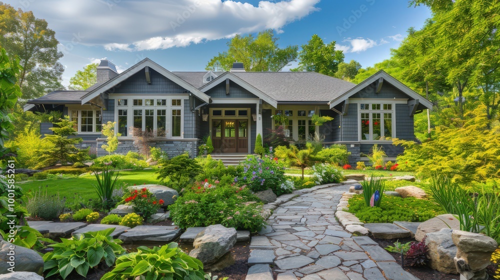 A stunning Craftsman-style home in classic gray, surrounded by a picturesque garden and stone pathway. A stunning Craftsman-style home in classic gray, surrounded by a picturesque garden and stone pathway.