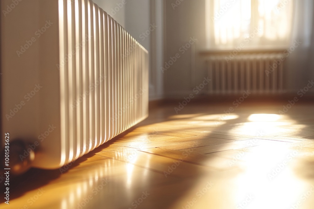 Fototapeta premium Warm sunlight illuminates cozy radiator on wooden floor in serene room