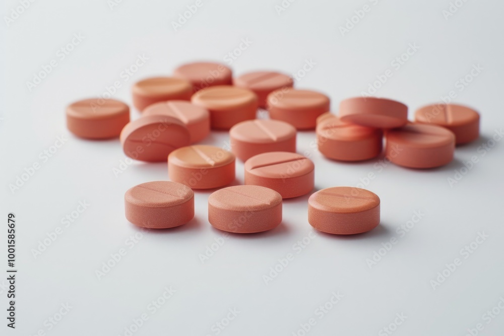 Pile of orange pills on a table, great for medical or pharmacy settings Pile of orange pills on a table, great for medical or pharmacy settings