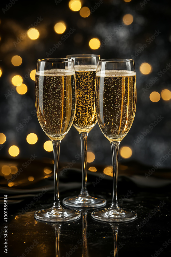 champagne glasses with golden glitter, set against a dark background on a black table, conveying a luxurious new year party vibe champagne glasses with golden glitter, set against a dark background on a black table, conveying a luxurious new year party vibe