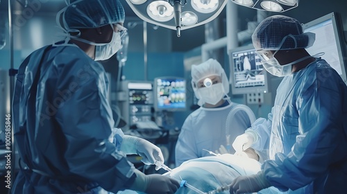 Team surgeon at work in operating room. Knee surgery. Medical background