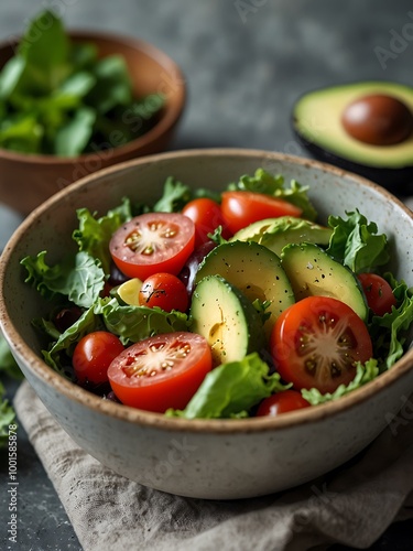 Fresh green salad with avocado and cherry tomatoes.