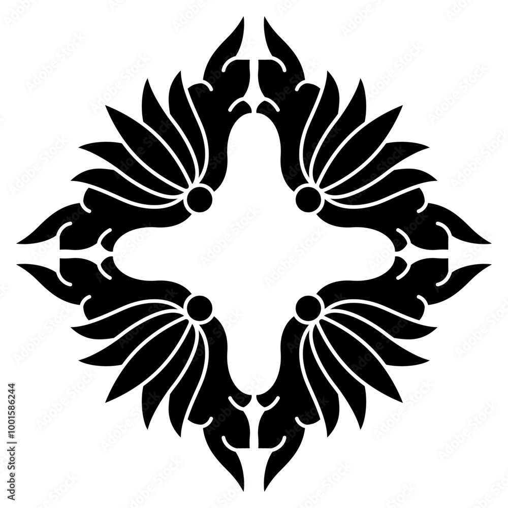 Obraz premium Geometrical cross shape decorative element with floral motifs. Folk style. Black and white silhouette.