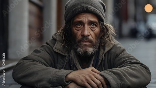 A homeless man is sitting on the street, he looks sad, hungry, hopeless, and depressed 