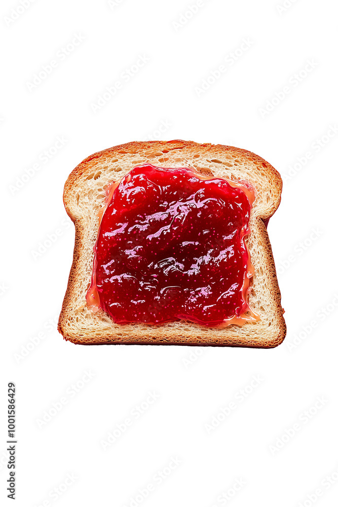 slice of bread with peanut butter and jelly spread on it, top view, isolated