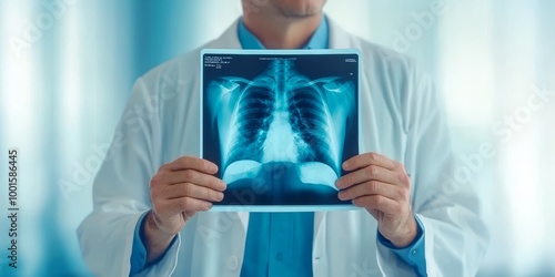 Doctor Holding X-Ray Film In Bright Hospital Room