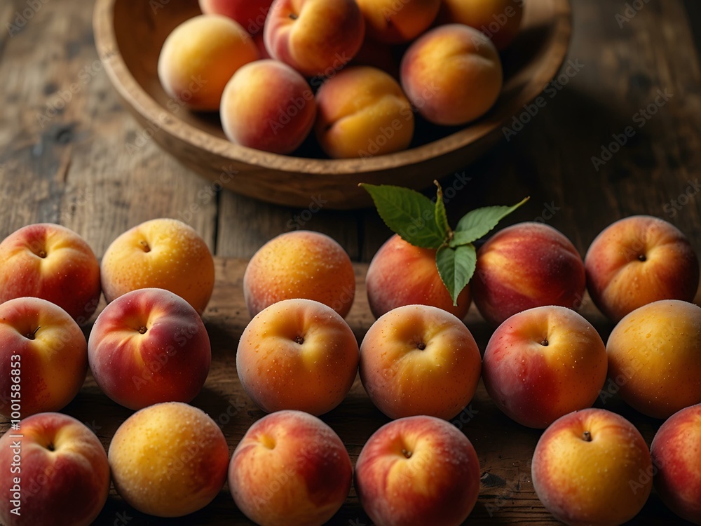 Fresh, juicy peaches arranged on a wooden table. Fresh, juicy peaches arranged on a wooden table.