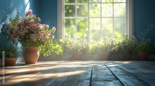 Dans un intérieur estival, un pot de fleurs rempli de géraniums s'épanouit sur le rebord de la fenêtre. Ce bouquet floral apporte une touche de nature et de décoration à la maison. photo