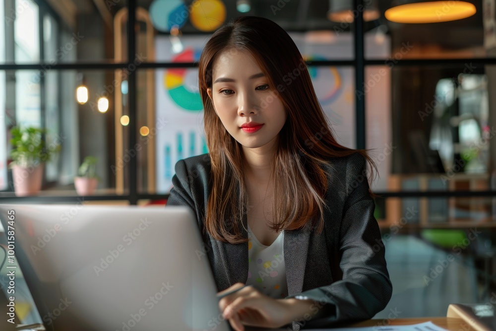 A woman is sitting at a desk with a laptop open in front of her, generative ai image A woman is sitting at a desk with a laptop open in front of her, generative ai image