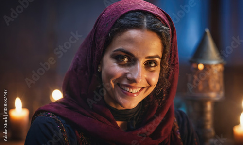 A woman with dark curly hair smiles at the camera, wearing a red headscarf in a dimly lit room with candles