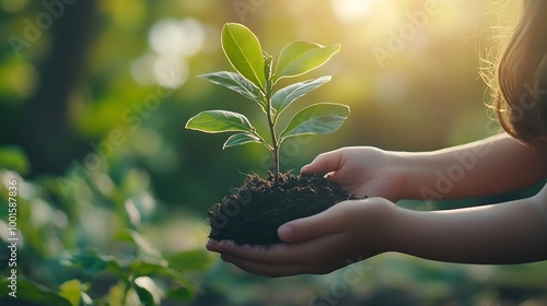 hands holding young plant with soilWorld environment day and sustainable environment concept Mom and her child girl plant sapling tree Teamwork protecting and reduce global warming ear : Generative AI photo