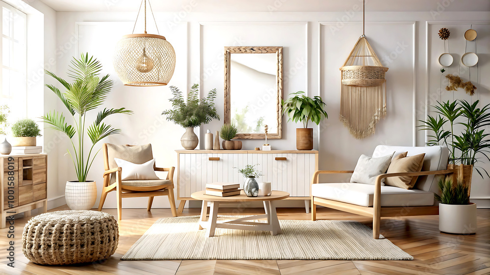 Fototapeta premium Home mockup, white room with natural wooden furniture, Scandi-Boho style, 3d render, white Mock up frame