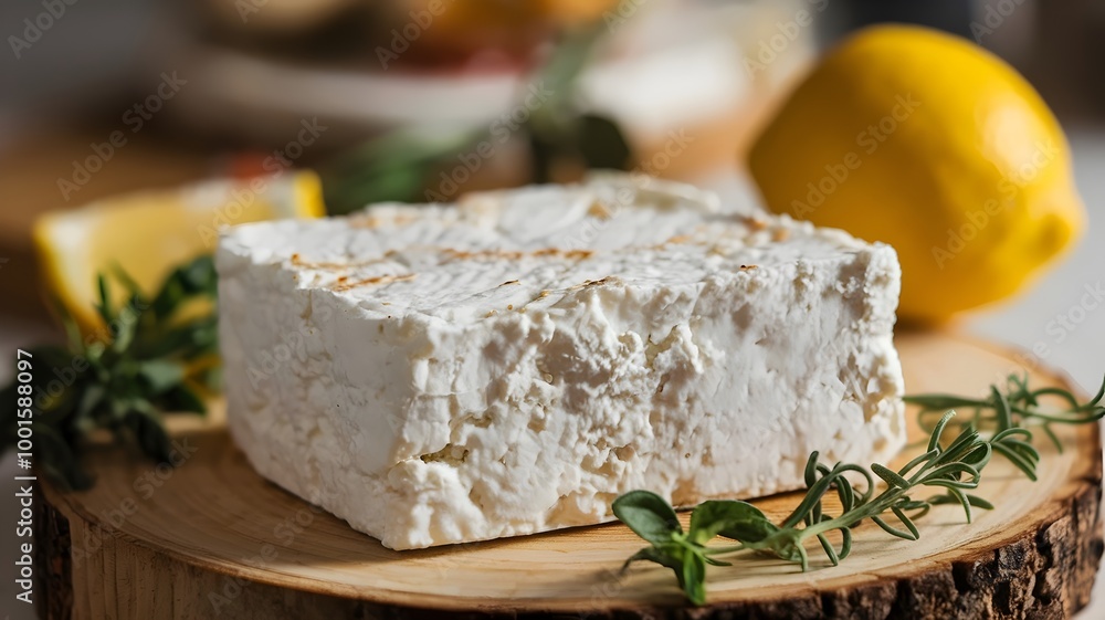 Crumbly feta cheese block with herbs and lemon on wooden board Crumbly feta cheese block with herbs and lemon on wooden board