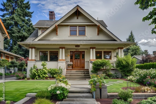 A sophisticated craftsman home in classic ivory, featuring elegant woodwork and a welcoming front garden.