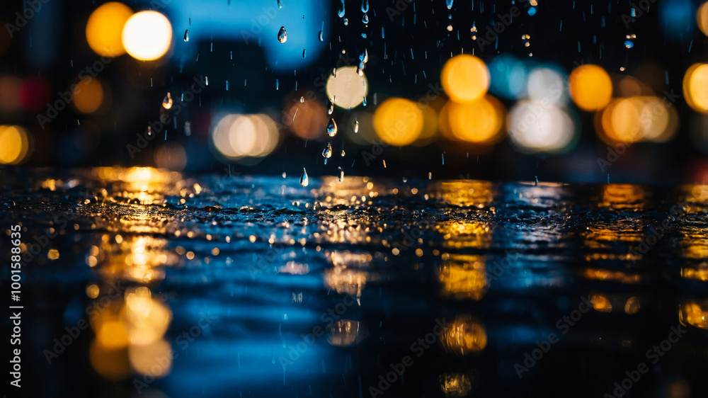 Raindrops falling with bokeh lights in the background Raindrops falling with bokeh lights in the background