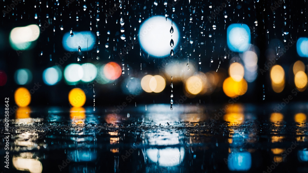 Obraz premium Raindrops falling with bokeh lights in the background