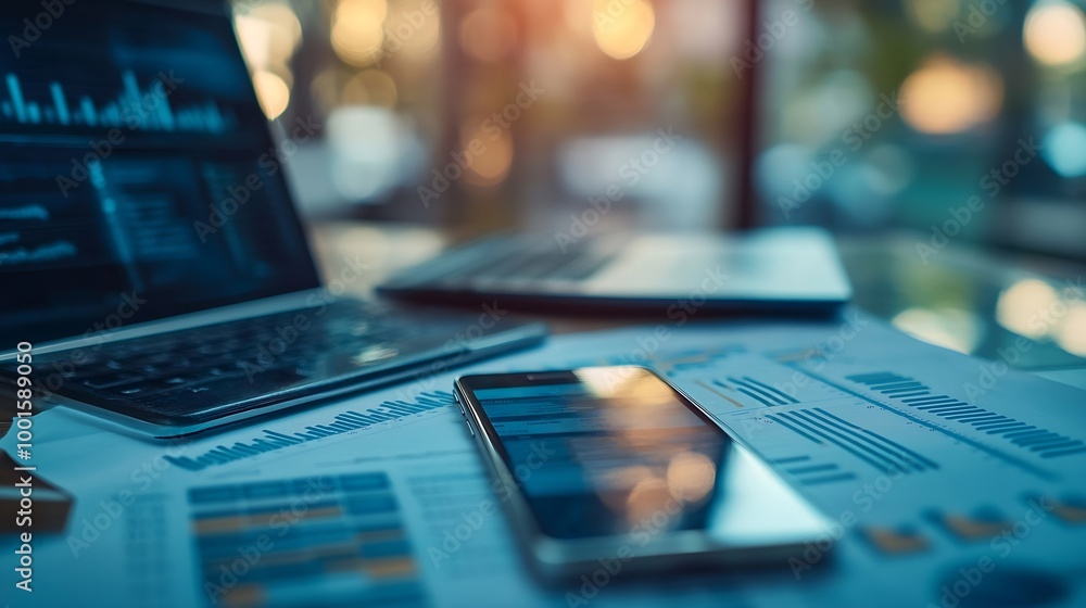 business documents with smart phone and laptop computer and graph financial with social network diagram : Generative AI business documents with smart phone and laptop computer and graph financial with social network diagram : Generative AI