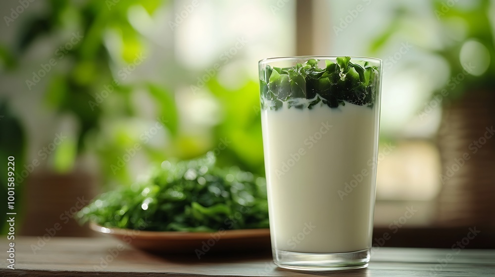 Glass of fresh milk and seaweed salad plate on wooden table with blur modern cozy kitchen background Healthy food protein calcium rich food are essential for kid : Generative AI Glass of fresh milk and seaweed salad plate on wooden table with blur modern cozy kitchen background Healthy food protein calcium rich food are essential for kid : Generative AI