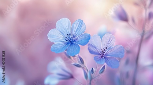 Blue flax flower closeup A delicate light purple wildflower in selective focus Macro photography of the flower summer Authentic atmospheric natural background Light pastel shades blurr : Generative AI