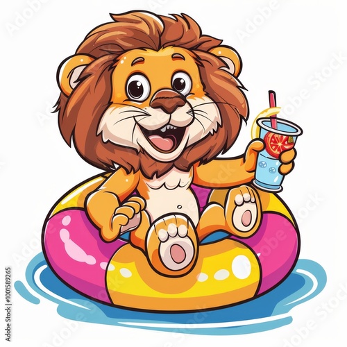 Cute lion Chill On Swimming Tires With Juice Cartoon Vector Icon Illustration photo