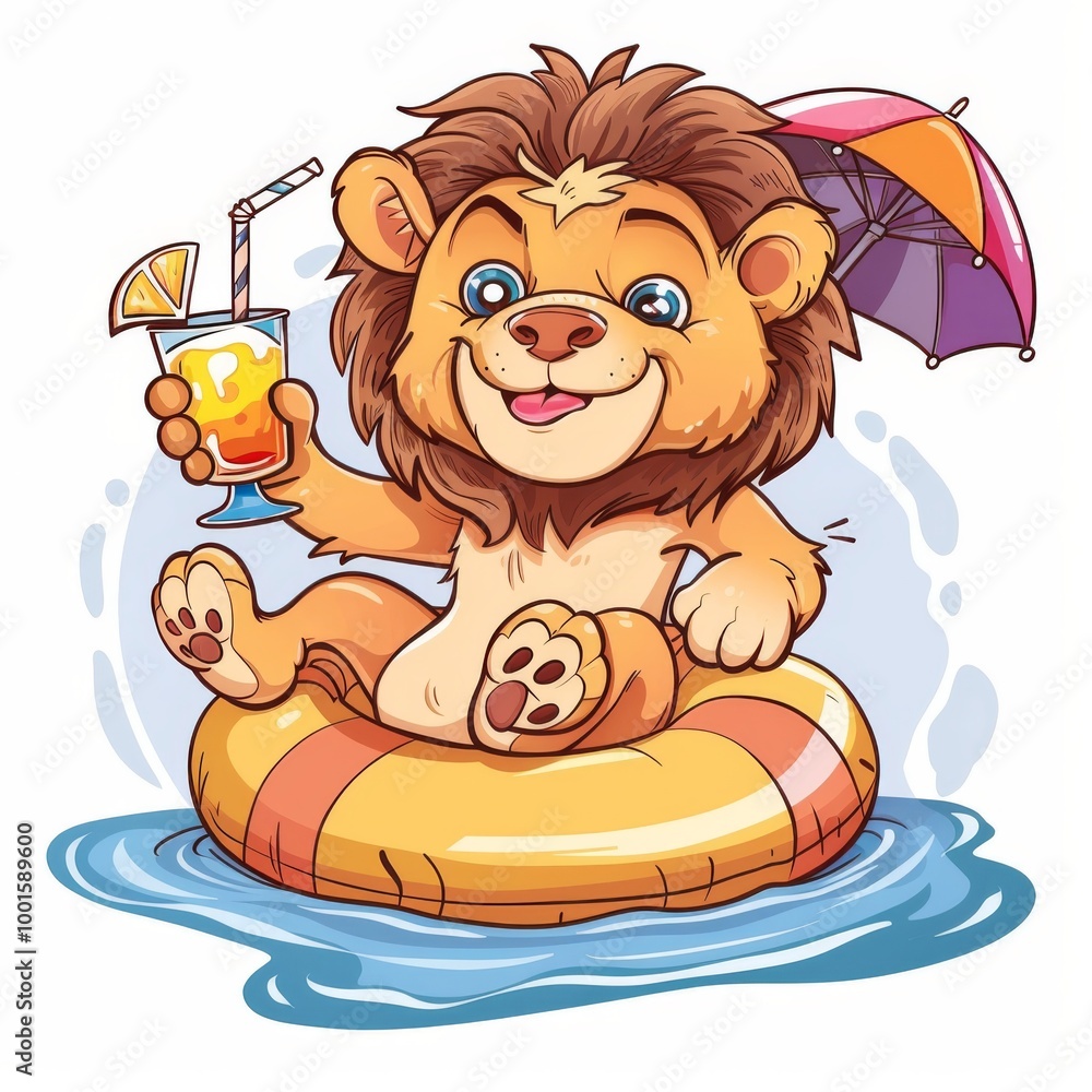 Naklejka premium Cute lion Chill On Swimming Tires With Juice Cartoon Vector Icon Illustration