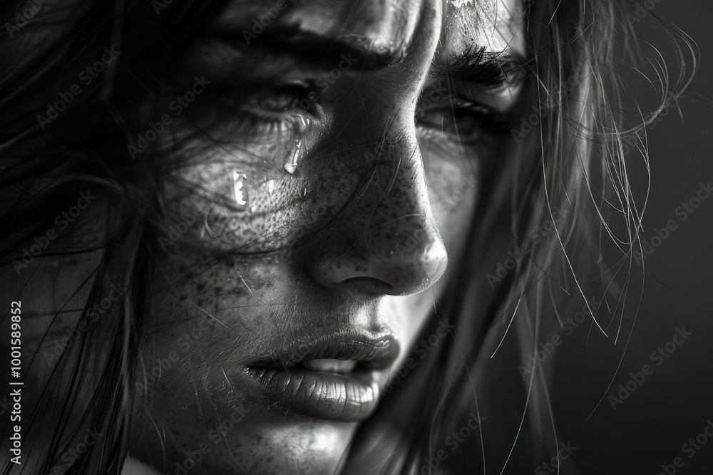 A woman with tears in her eyes is shown in a black and white photo, generative ai image A woman with tears in her eyes is shown in a black and white photo, generative ai image