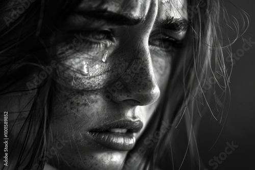 A woman with tears in her eyes is shown in a black and white photo, generative ai image