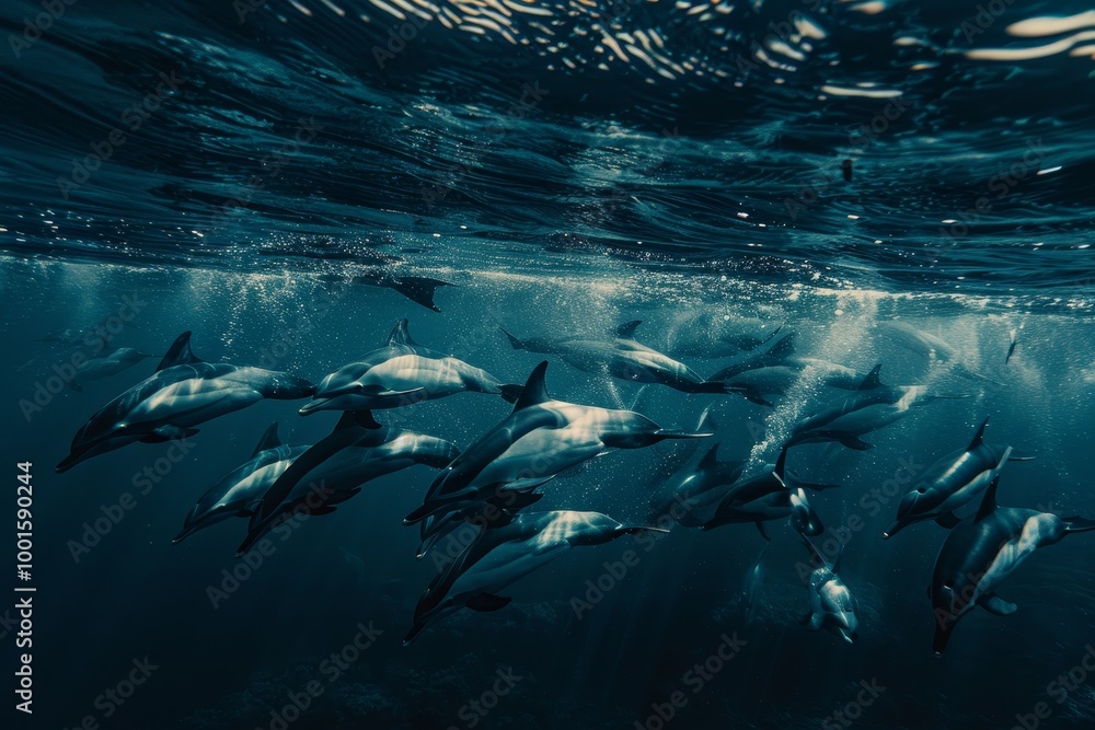 Obraz premium A joyful pod of dolphins leaping gracefully from the ocean s surface in a stunning seascape