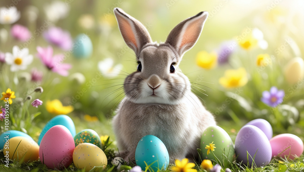 Easter Bunny Rabbit Egg Hunt, Spring Meadow with Flowers, Holiday Easter Bunny Rabbit Egg Hunt, Spring Meadow with Flowers, Holiday