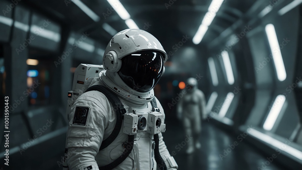 Futuristic astronaut in a white spacesuit within a sci-fi corridor. Futuristic astronaut in a white spacesuit within a sci-fi corridor.