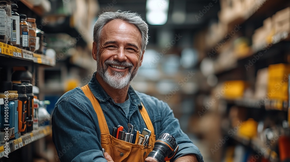 smiling mature man with a drill in hand shopping at a home improvement store, ready for a DIY project, showcasing the hardware tools and supplies available for home renovation smiling mature man with a drill in hand shopping at a home improvement store, ready for a DIY project, showcasing the hardware tools and supplies available for home renovation
