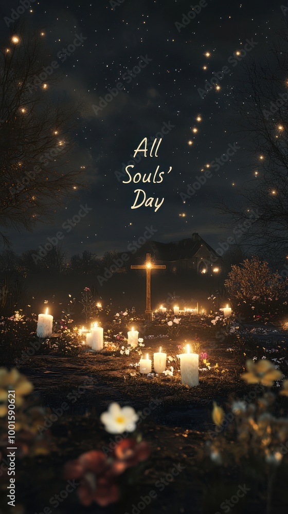 The churchyard glows with candles and flowers, celebrating All Souls' Day peacefully The churchyard glows with candles and flowers, celebrating All Souls' Day peacefully