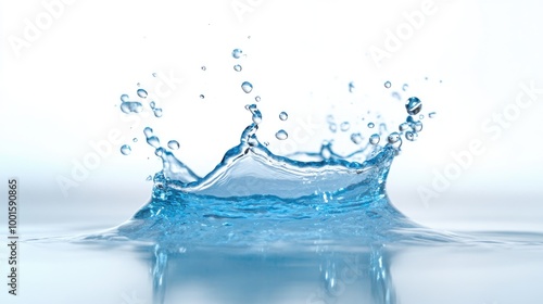 Vibrant blue water splash captured mid-air, isolated on a clean white background, showing dynamic motion and crystal-clear droplets