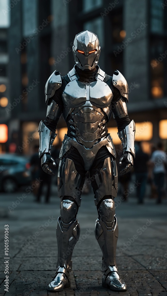 Futuristic warrior in silver armor in a city. Futuristic warrior in silver armor in a city.
