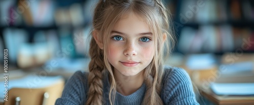 Young girl with blonde hair and blue eyes looking at the camera